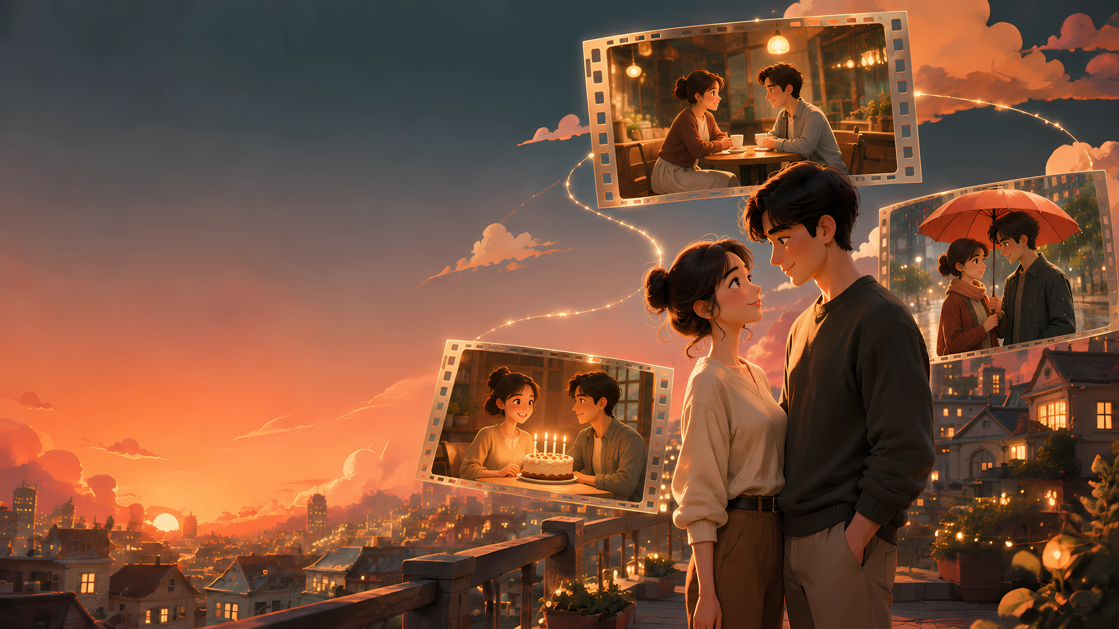 虚构概念画面:恋人在黄昏屋顶回望共同经历