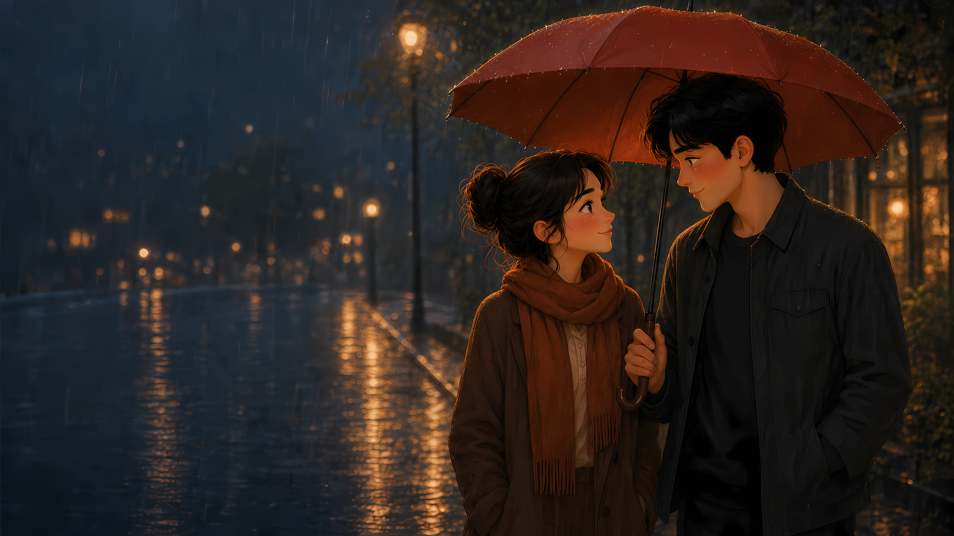 虚构概念素材:雨夜里男生把红伞偏向女生